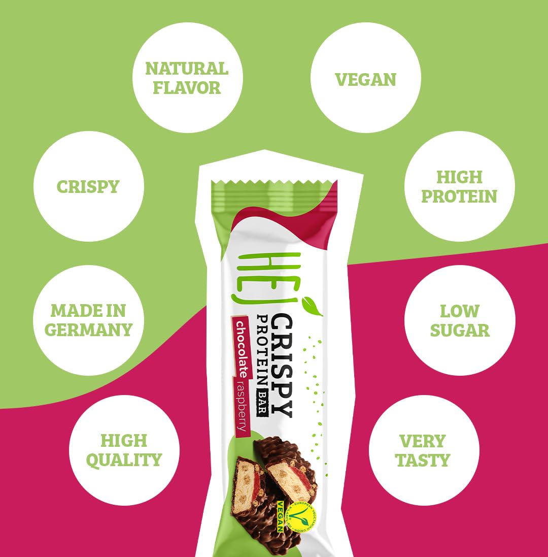 HEJ Vegan Crispy Chocolate Raspberry | High Protein Riegel, zuckerarm nur 0,4 g Zucker | schokoladiger, knuspriger Eiweißriegel, palmölfrei, Low Sugar Snack Bar | 12 Proteinriegel x 45 g