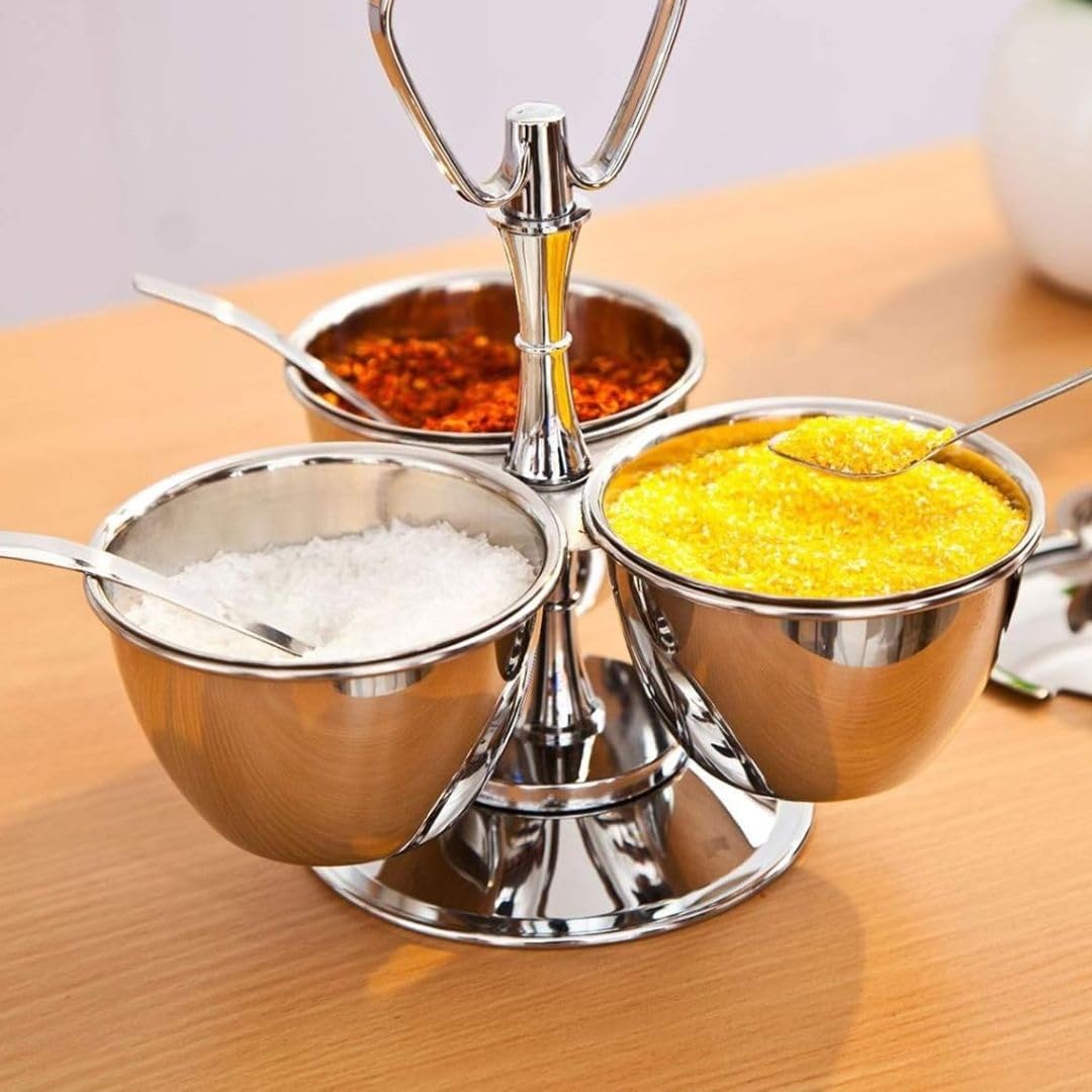 Soro Essentials- 3 Compartments Stainless Steel Relish Server 8 oz Capacity Per Cup- Serving Tray with Lid Condiment Server Condiment Serving Garnish Bar Container for Home Kitchen Restaurant