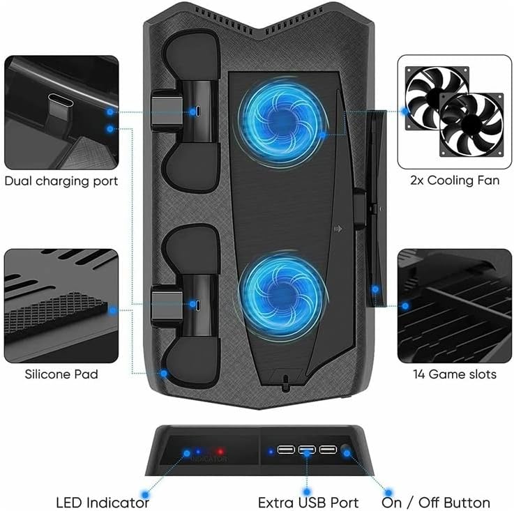 for PS5 Charging Stand Base with Cooling Fan and 3 Port Controller Charger Storage Tray Bracket