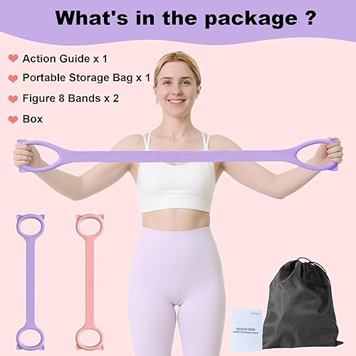 Miniatura 6 de Figure 8 Resistance Bands, 8-Shaped Exercise Band for Women Arms Shoulder Back Legs Stretching Pilates Yoga 2 piezas: rosa-15 libras/morado-25 libras