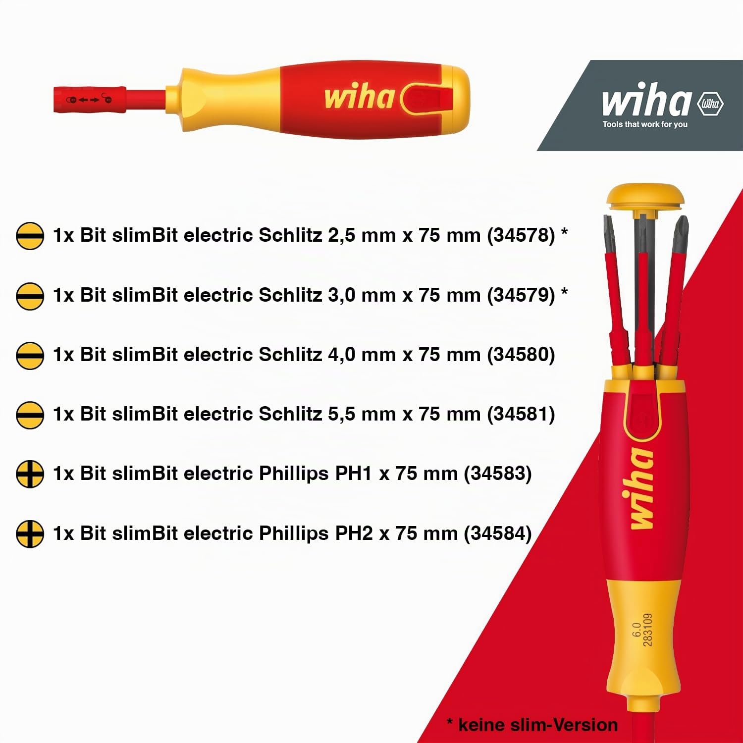 Wiha Schraubendreher mit Bit Magazin LiftUp Electric Schlitz I Phillips mit 6 slimBits I 1000V Sicherheit I Multifunktional I Ideal für Elektriker (38612)