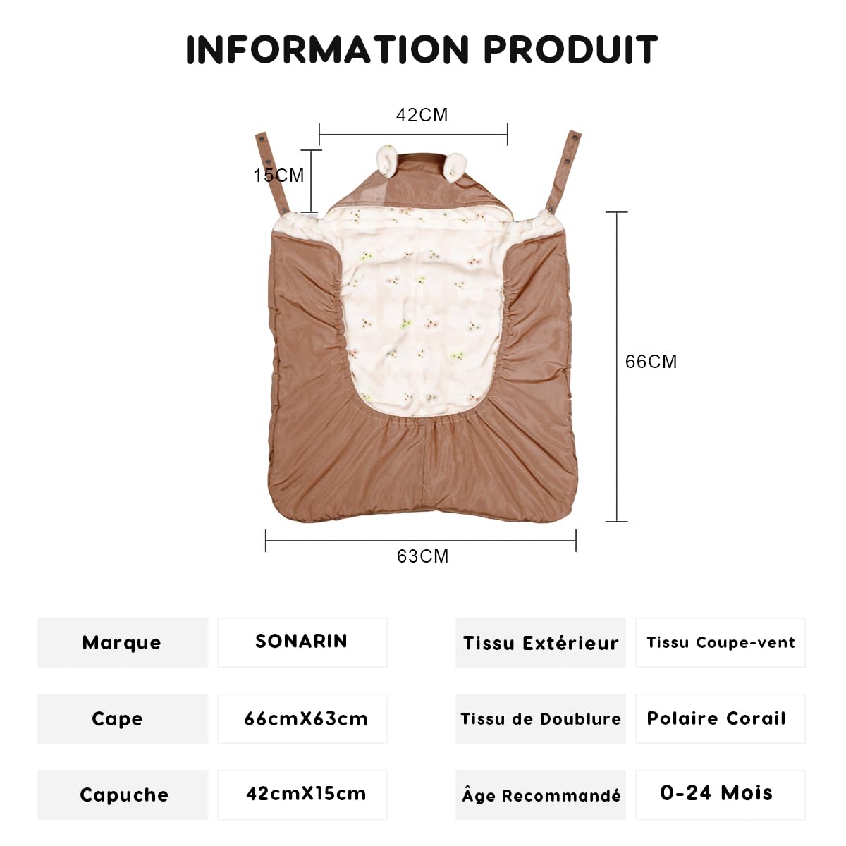 SONARIN Coupe-Vent Couverture pour Porte Bébé Hiver avec Polaire Corail Doublure Chancelière Universelle Café