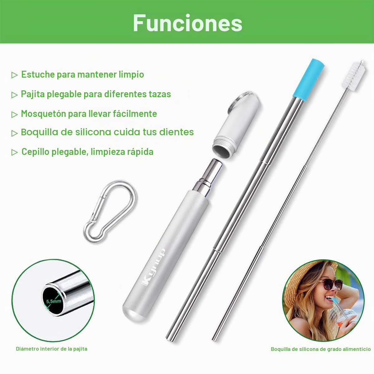 4PCS Pajitas Telescópicas de Acero Inoxidable, Portátiles Pajitas Telescópicas Reutilizables, Fácil de Limpiar, Longitud de hasta 23 cm, Cepillo de Limpieza/Estuche/Mosquetón, Negro/Plata/Azul/Naranja