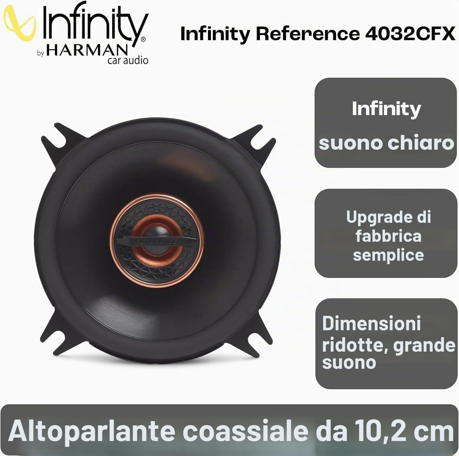 Infinity Reference 4032CFX Altoparlanti Coassiali Auto 2 Vie 100mm 4 Pollici 35W RMS Cono Woofer Plus One Tweeter in Seta Edge-Driven Upgrade Audio per Qualsiasi Veicolo e Suono Nitido e Dettagliato