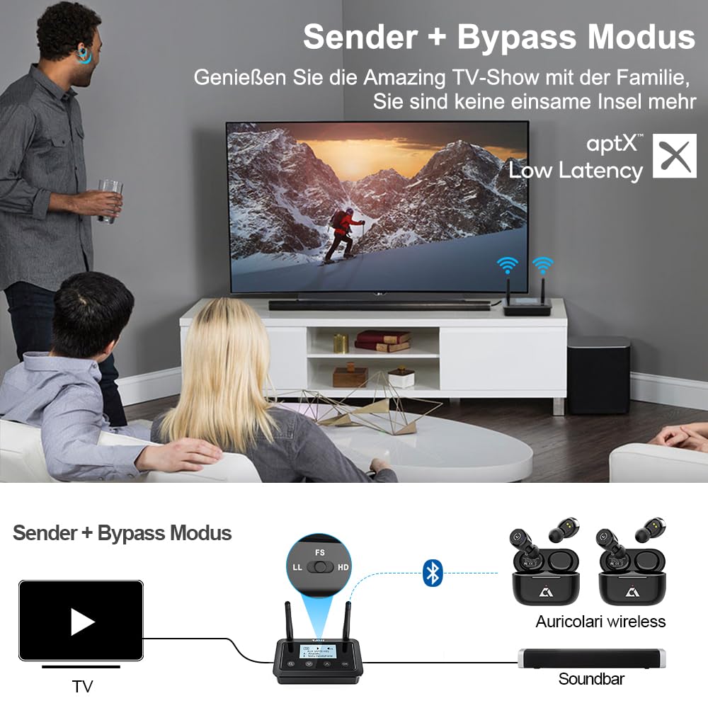 1Mii B03+ Bluetooth 5.3 Transmitter Empfänger für TV und Stereoanlage, Audio Adapter mit Display, Große Reichweite, aptX Low Latency HD Adaptive, Optisch Cinch 3,5 mm AUX