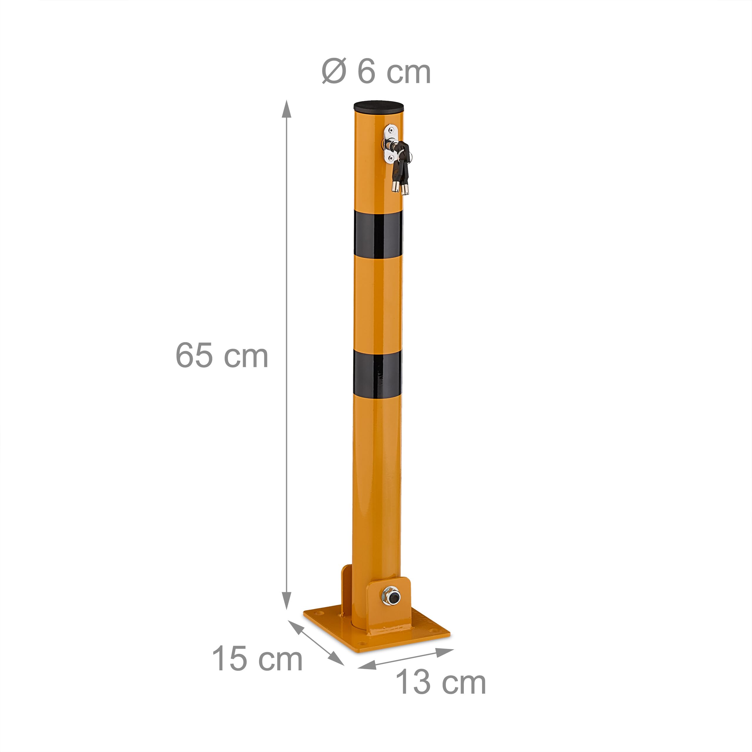 Relaxdays Słupek odcinający, składany, stal, blokada parkingu, wys. 65 cm, zamykany, okrągły słupek parkingowy, żółty/czarny