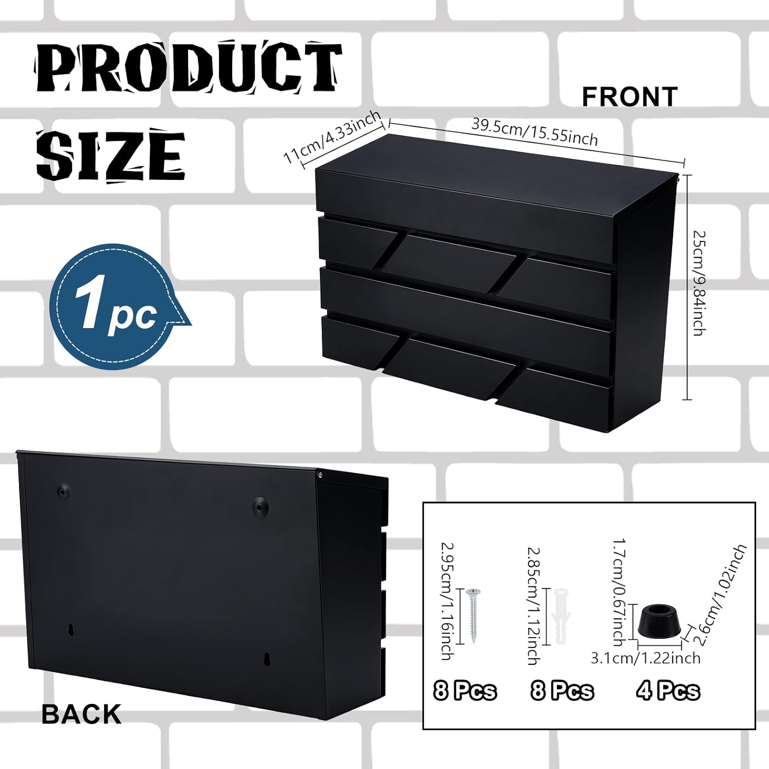 Wall Mount Mailbox for House Outside, Large Capacity Modern Mailbox Drop Box, Galvanized Steel Rustproof Metal Postbox Black Collection Hanging Mail Box, 15.55"x9.84"x4.33"(No Key Locking)