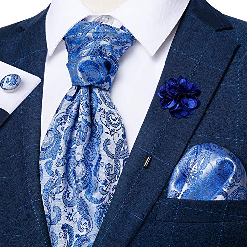 Image of DiBanGu Mens Silk Ascot Ties Paisley Jacquard Woven Cravat and Pocket Square Cufflinks with Lapel Pin for Business Wedding