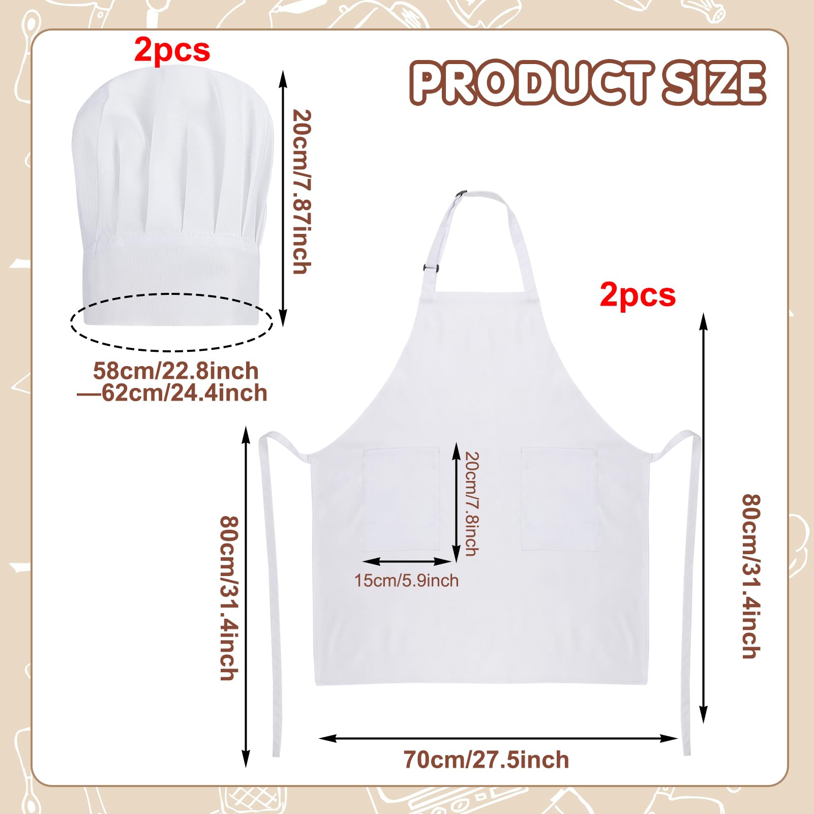 Paquete de 2 delantales y sombrero de chef, delantal ajustable de alta cocina, impermeable, delantal de cocina, sombrero de chef, regalo de Navidad