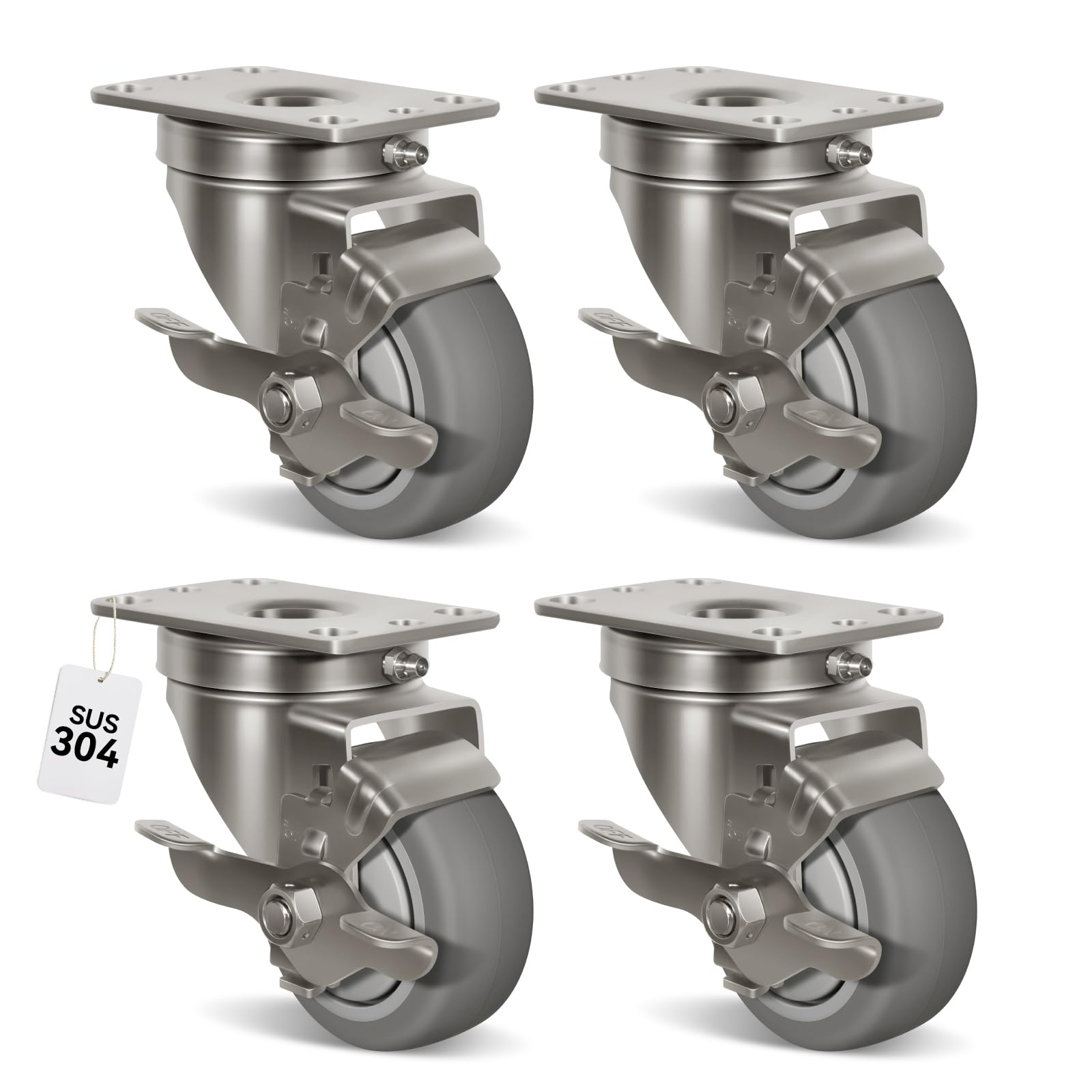 NINOSO 3" Caster Wheels, Stainless Steel Casters Set of 4 Heavy Duty, Anti-Corrosion Rubber Industrial Caster Wheels for Hospitals Food Labs(4 Brake)