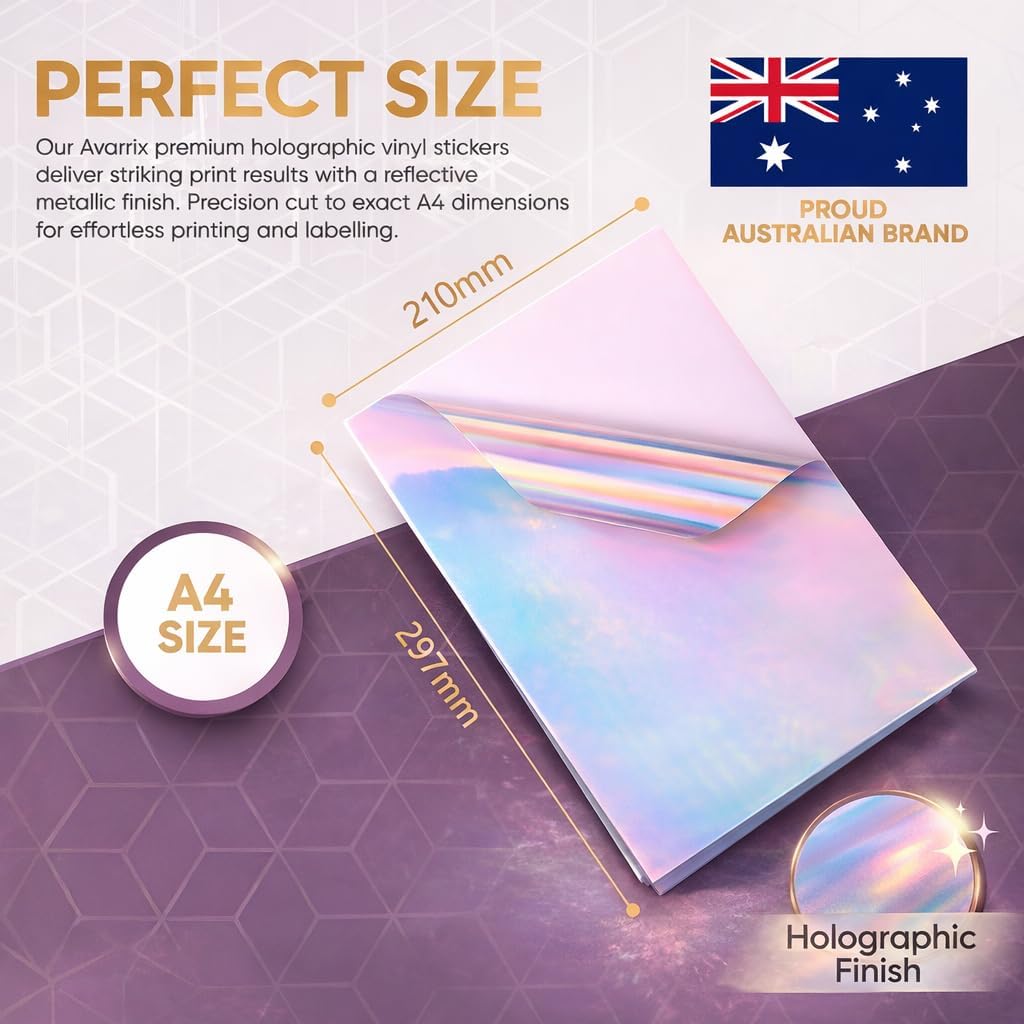 Avarrix US Printable Vinyl Sticker Paper for Inkjet & Laser Printers, Holographic Glossy, 20 Sheets, Waterproof Sticker Paper, Printable Vinyl Sheets, Quick-Dry Vibrant Colours, A4 Size