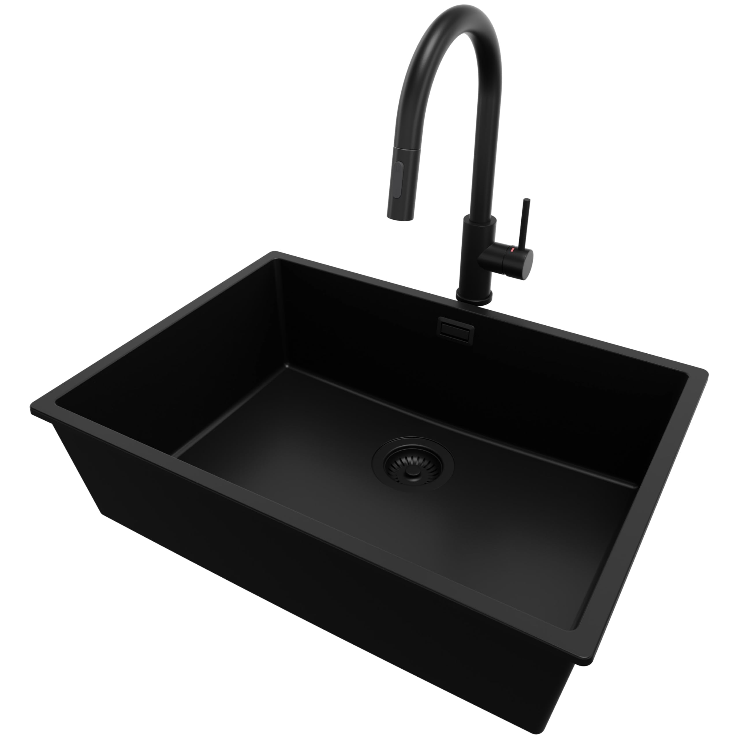 PRIMAGRAN Lavandino sottotop Tutto Nero - London, 66x47cm | Lavello in Granito a 1 Vasca + Rubinetto 40x20cm + Zuberhor-Set, Lavabo da Cucina al Mobile 70cm (S406)