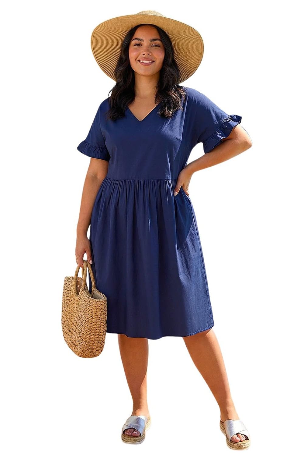 Roman - Women's Dress - Cotton V-Neck Frill - Navy - Size 20