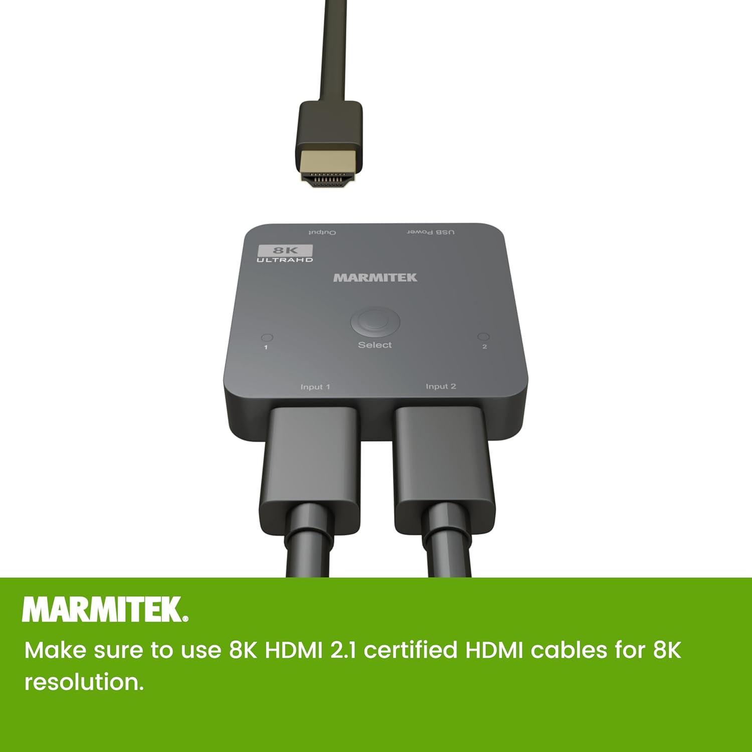 Marmitek AS28 HDMI Switch with two HDMI input cables and one HDMI output cable connected
