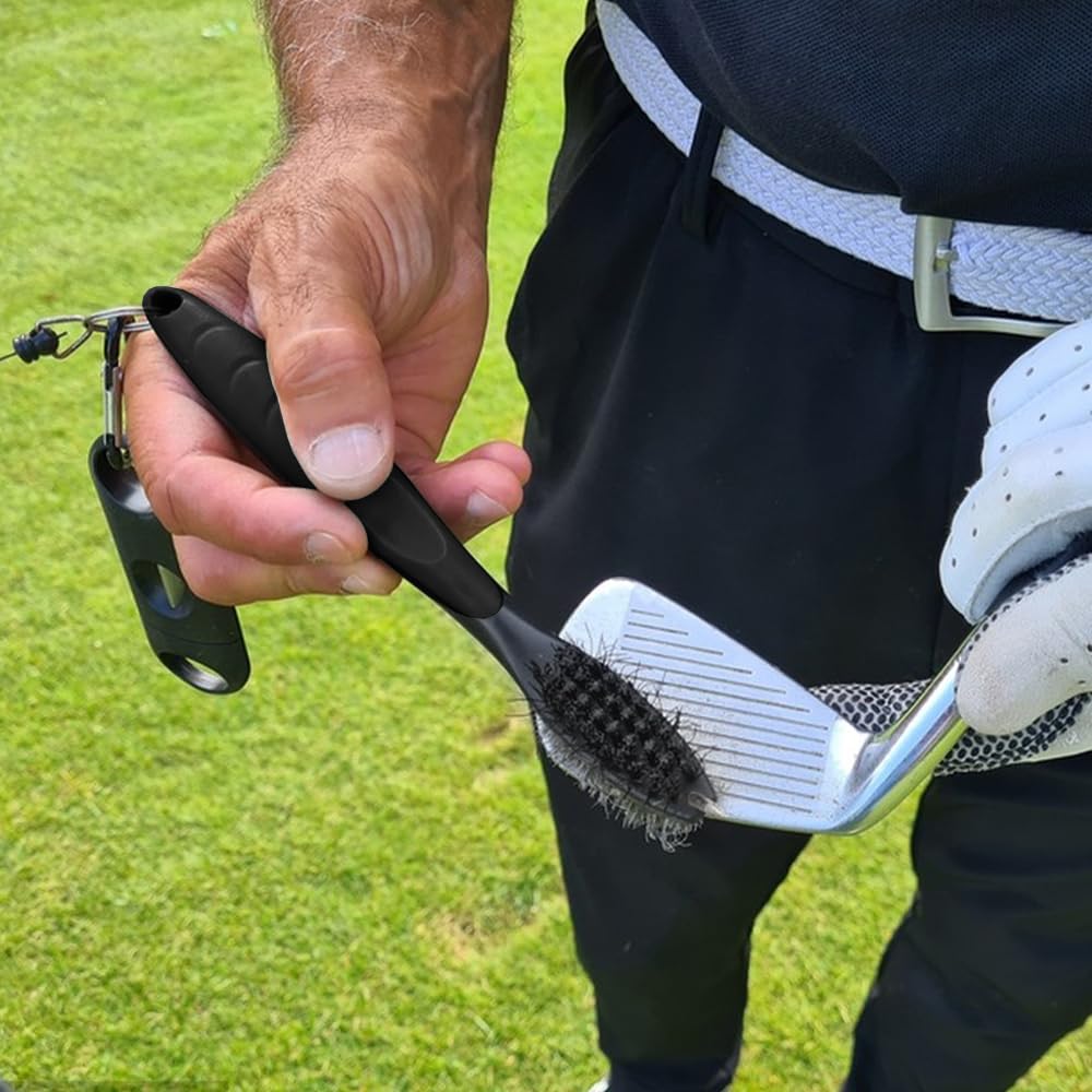 Cepillo Limpiador de Palos de Golf 3 Piezas con Mosquetón Retráctil Afilador de Ranuras 6 Cabezales Negro