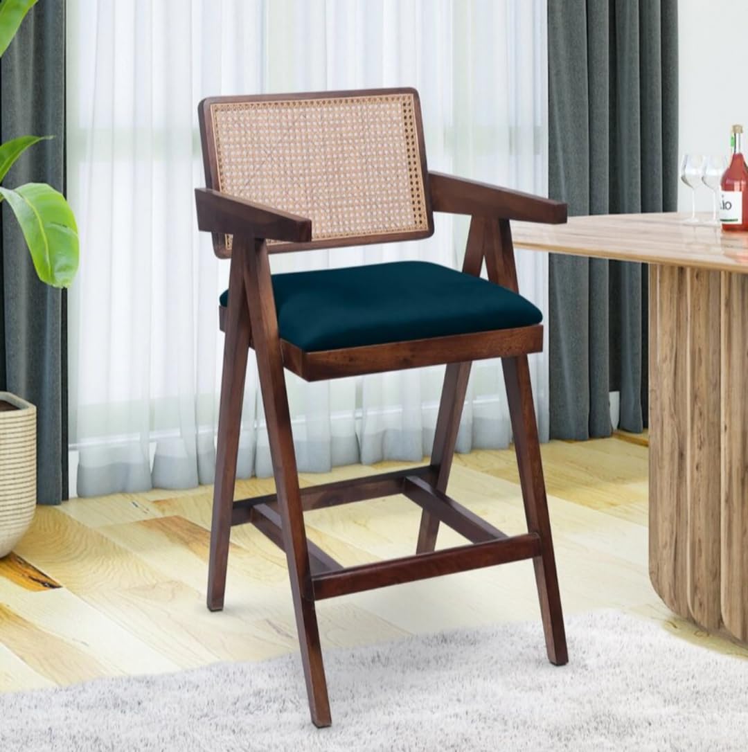 Vintage Cane Back Bar Stool, Walnut Wood Frame with Navy Blue Cushioned Seat, Rattan Woven Backrest, Modern Dining Counter Height Chair-picture-27