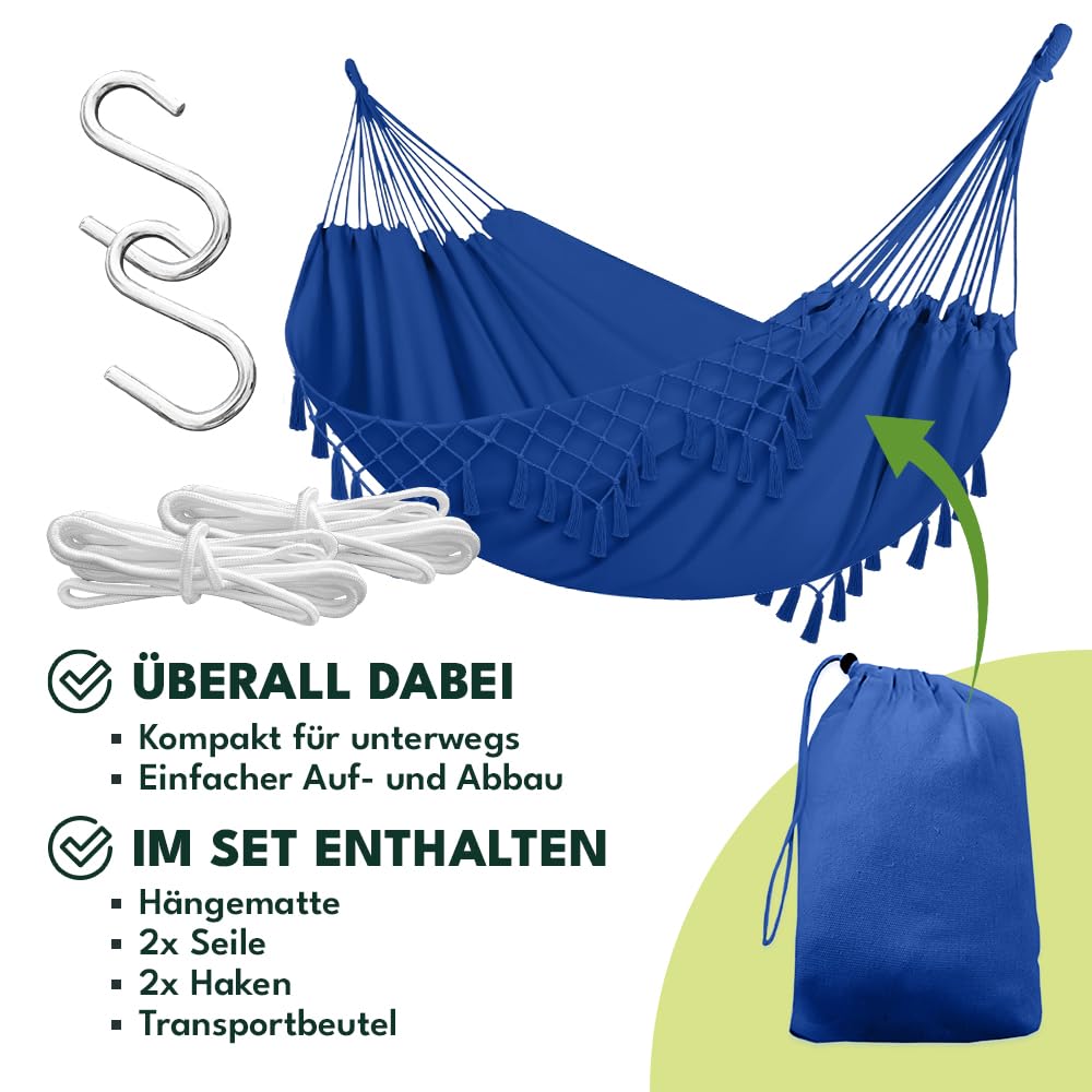 KRUMAD Hamaca de estilo bohemio para exteriores, 190 x 150 cm, color azul, capacidad de carga de 120 kg, con flecos, bolsa de almacenamiento y 2 cuerdas, algodón y poliéster, para jardín, balcón