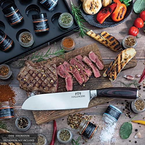 Foto von Hallingers Deluxe Selektion 24 & Premium Santoku - Gewürz Geschenkset handgemacht, Bundle 24 Gewürze & Messer Premium (Set) - Geschenkideen Weihnachten & Geschenke Adventskalender | Neues Zuhause Glüc