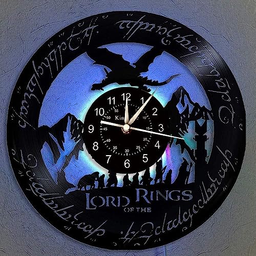 Smotly Señor de los Anillos Reloj de Pared Vinilo Banda Música LED 7 Colores Lámpara Nocturna Retro Reloj de Pared Salón Cocina Hecho a Mano Hogar Decoración de Pared (con Luz)
