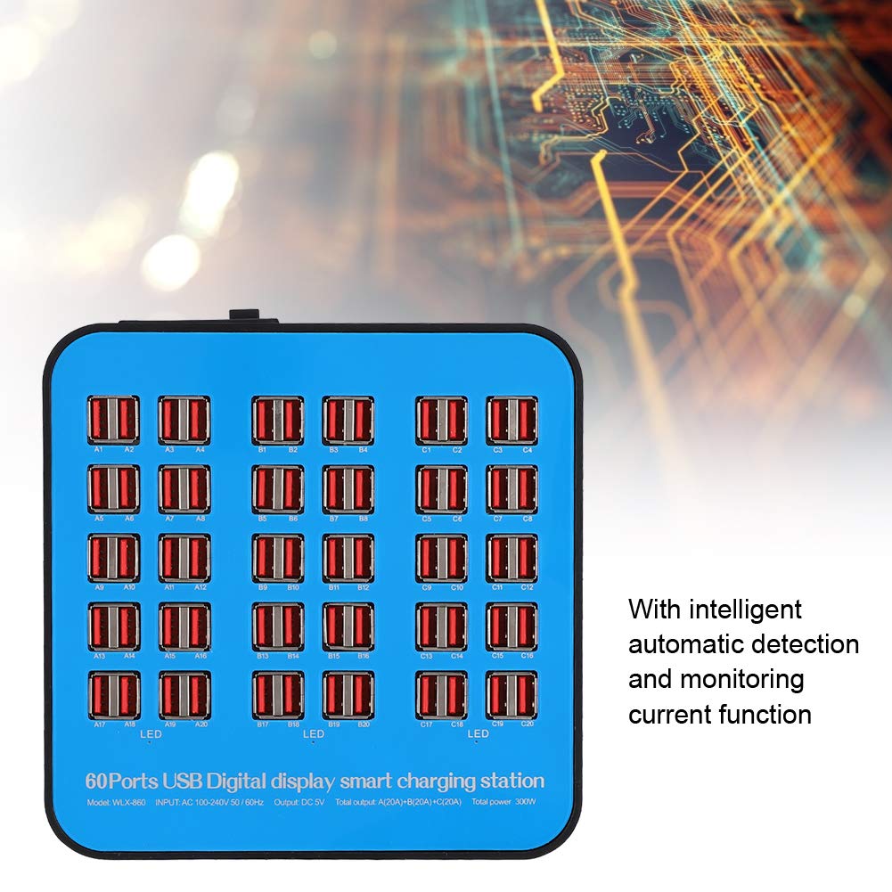 Inteligentna stacja ładująca USB, 3-kanałowa, 100 W, niezależne prądy, stacja USB, organizer, 60 portów, ładowarka USB, PC, ABS, ognioodporna, 300 W (UE)