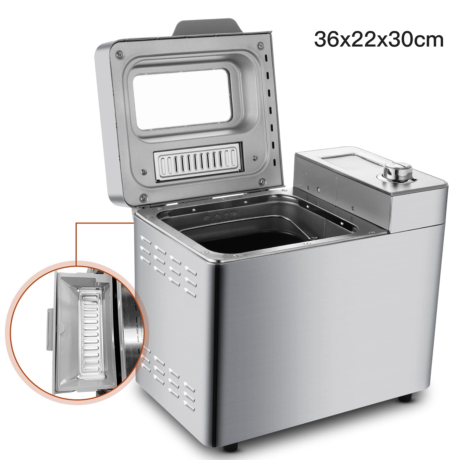 Brotbackautomat 550W Backmeister mit Automatische Zutatenbox, 25 Programme, Edelstahl Bread Maker Vollautomatische mit 13 Stunden Timing-Funktion, Sichtfenster,Die Kapazität beträgt 500g-750g-900g