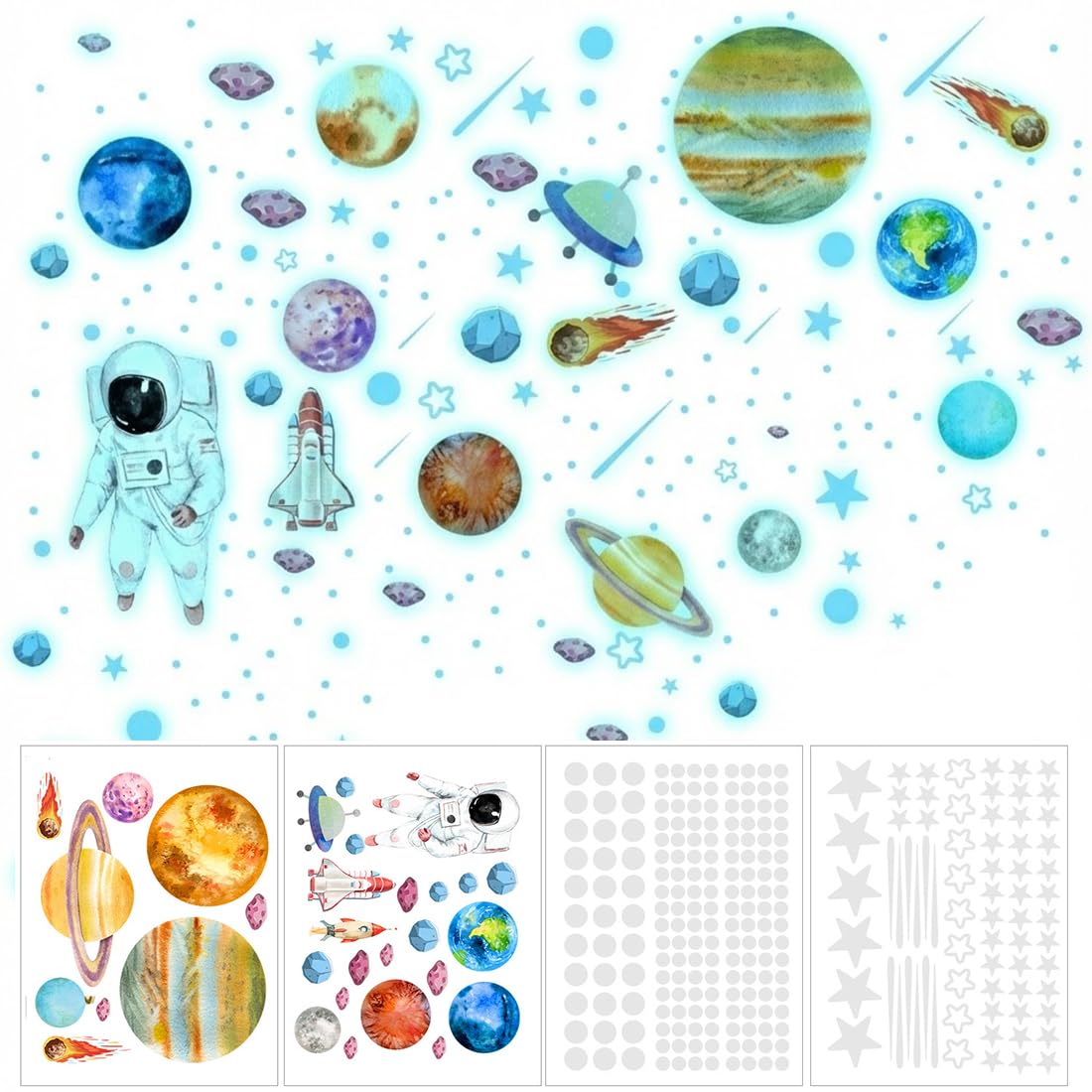 272 Adhesivos de Pared Estrellas Luminosas Techo Planetas Astronauta Brillantes Decoración para Dormitorio Infantil Adhesivo Fluorescente Cielo Estrellado Brillo Azul