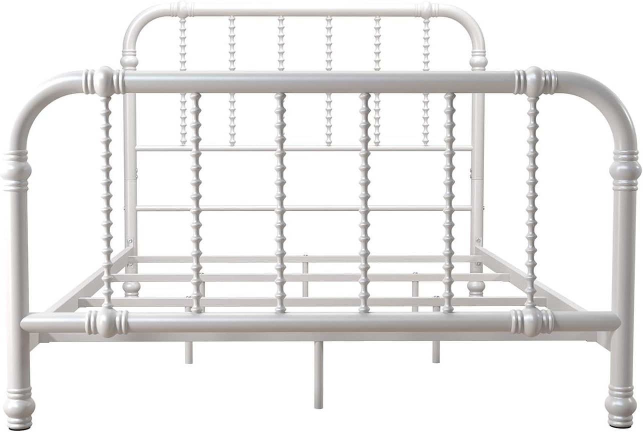 DHP Jenny Lind Kids Metal Bed Frame with Country Chic Headboard and Footboard, Underbed Storage Space for Toys, Twin, White