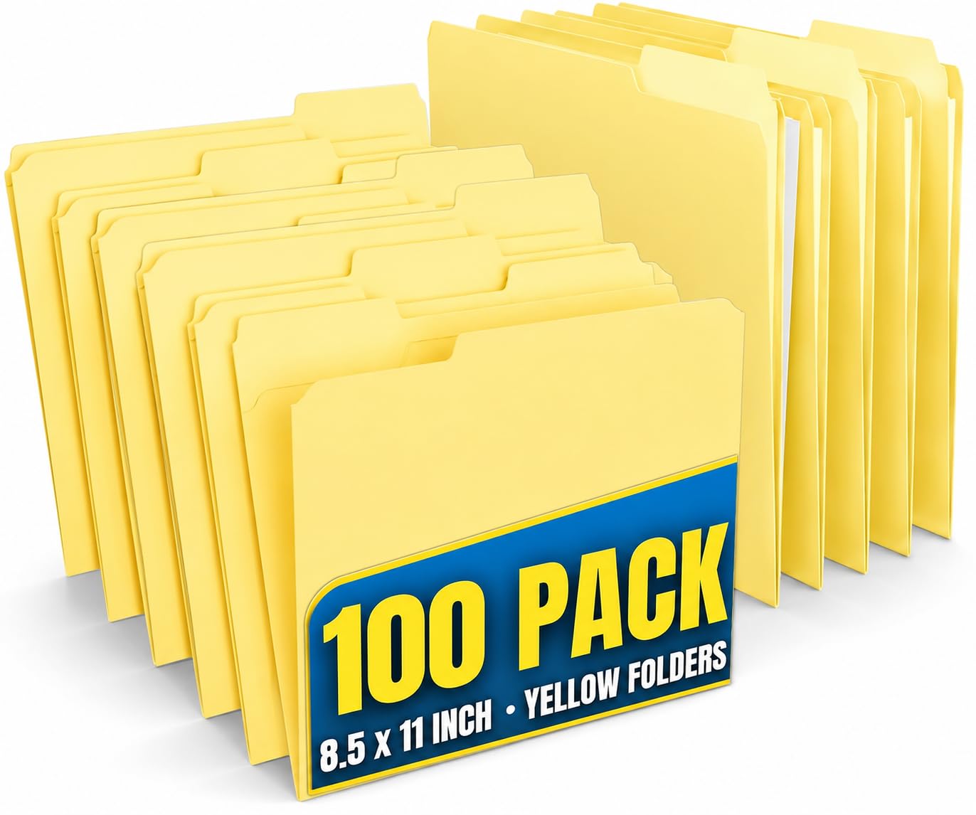 1InTheOffice Yellow Folders, File Folders Letter Size, Filling Folder, Top Tab, 1/3 Cut Assorted Tab, 100 Pack