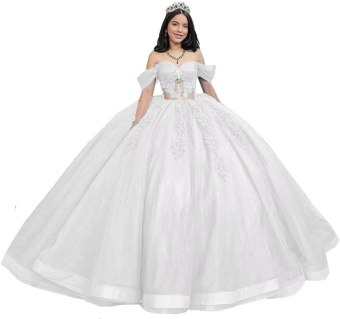 Fuomomo Women's White Puffy Tulle Prom Ball Gown With Train Sparkly Beaded Sweet 15 16 Dresses Off Shoulder Lace Quinceanera Dresses