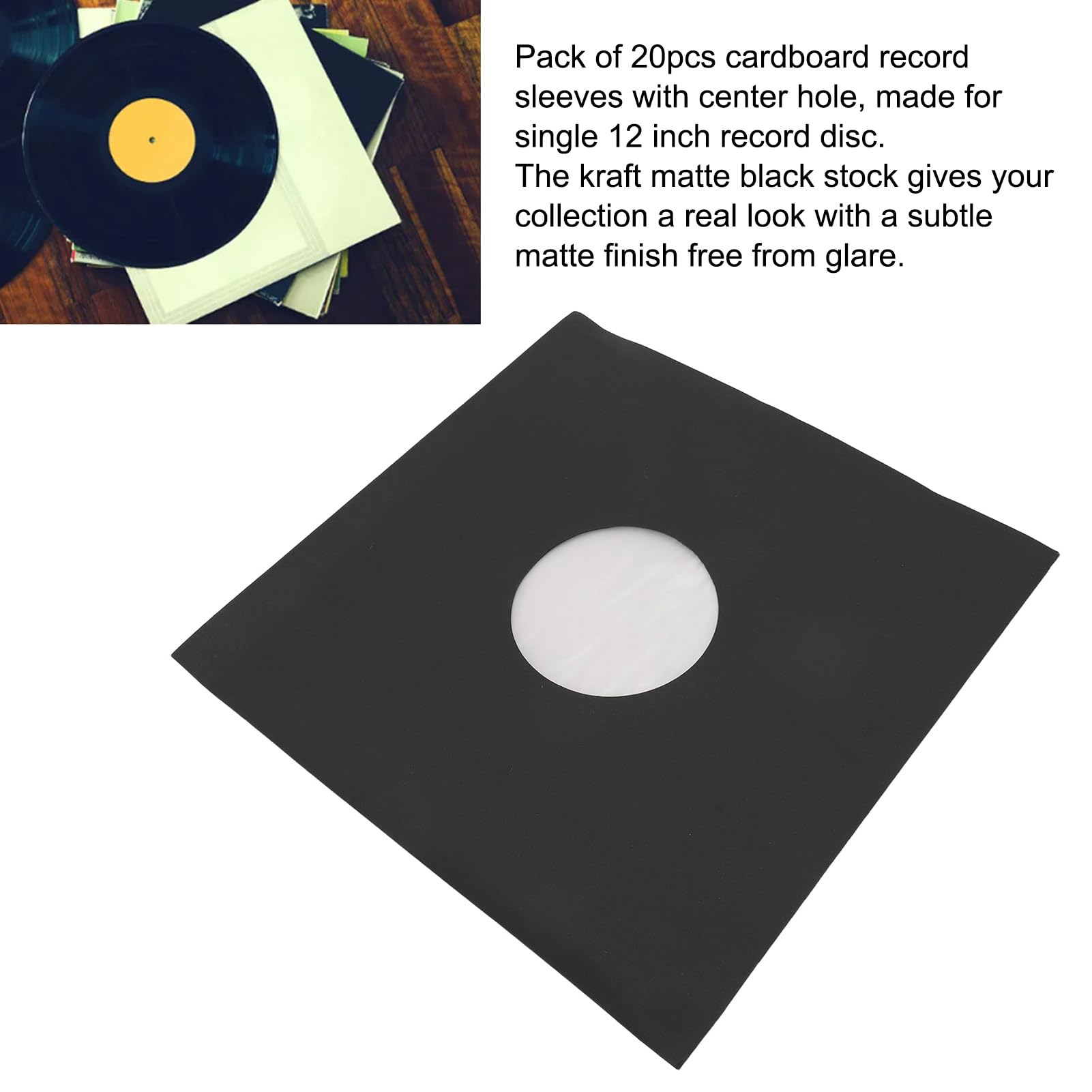 Sobres para Discos de Vinilo 33 RPM - Papel Kraft Negro Mate, 20 Unidades, Envoltorios Protectores para Almacenamiento de Vinilos, Paquete de 20 Sobres