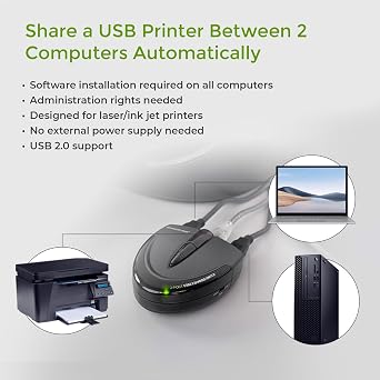 IOGEAR 2 Port USB 2.0 Switch - Auto Printer Switch - Manually or Auto Control - LEDs Indicate - Plug n Play - GUB231