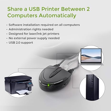 IOGEAR 2 Port USB 2.0 Switch - Auto Printer Switch - Manually or Auto Control - LEDs Indicate - Plug n Play - GUB231