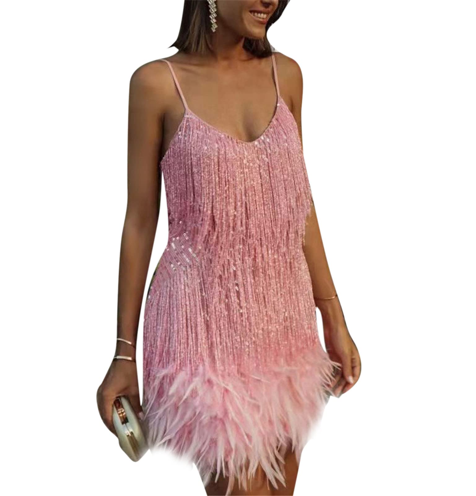 kewing Women Flapper Dresses 1920s Gatsby V Neck Cocktail Dress UK Spaghetti Tassel Feather Stitching Dress Vintage Layered Fringe Clubbing Dress Pink