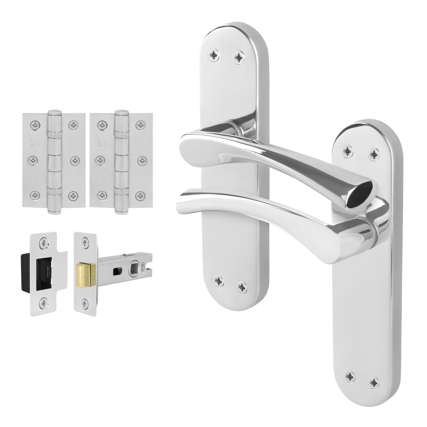 EAI Chrome Door Handle Latch Set, 1 Pair Polished Chrome Internal T-Bar Handles, Hinges 76mm Latches 64mm - Novoli