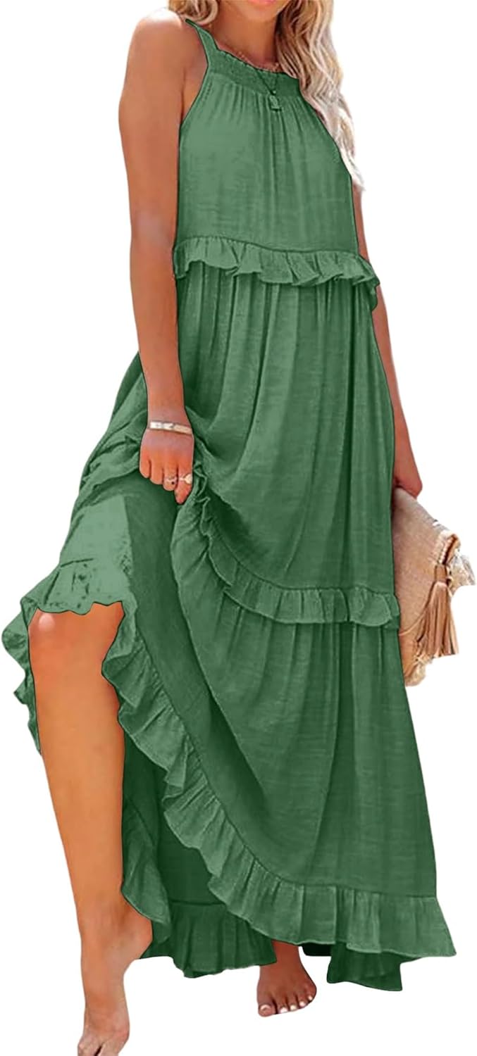 loveimgs Women's Summer Sleeveless Halter Neck Tiered Dress Flowy Ruffle Long Beach Maxi Dress Sundress - Image 4