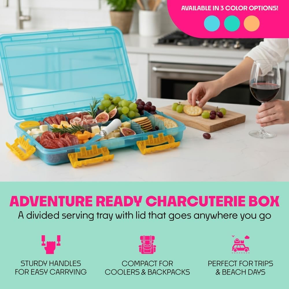 SubSafe Charcuterie Safe - BPA-Free, Food Safe Charcuterie Board with Lid & Handle - Portable Snack Tray Organizer with Dividers, Mini Containers & Cheese Knife - Dishwasher Safe - Blue