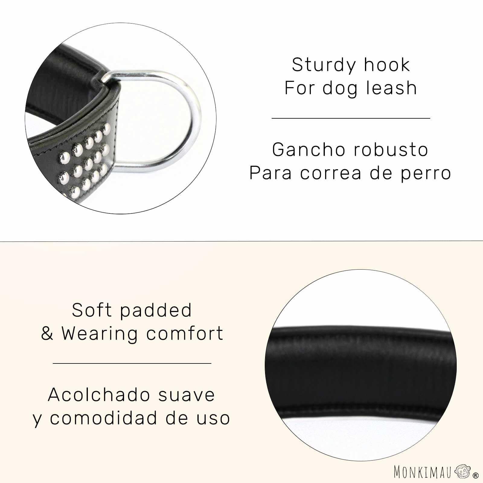 Monkimau Collar para Perros, Collares de Perro de Piel Auténtica con Remaches Acolchado Ajustable (L-XL: 35 mm x 70 cm)