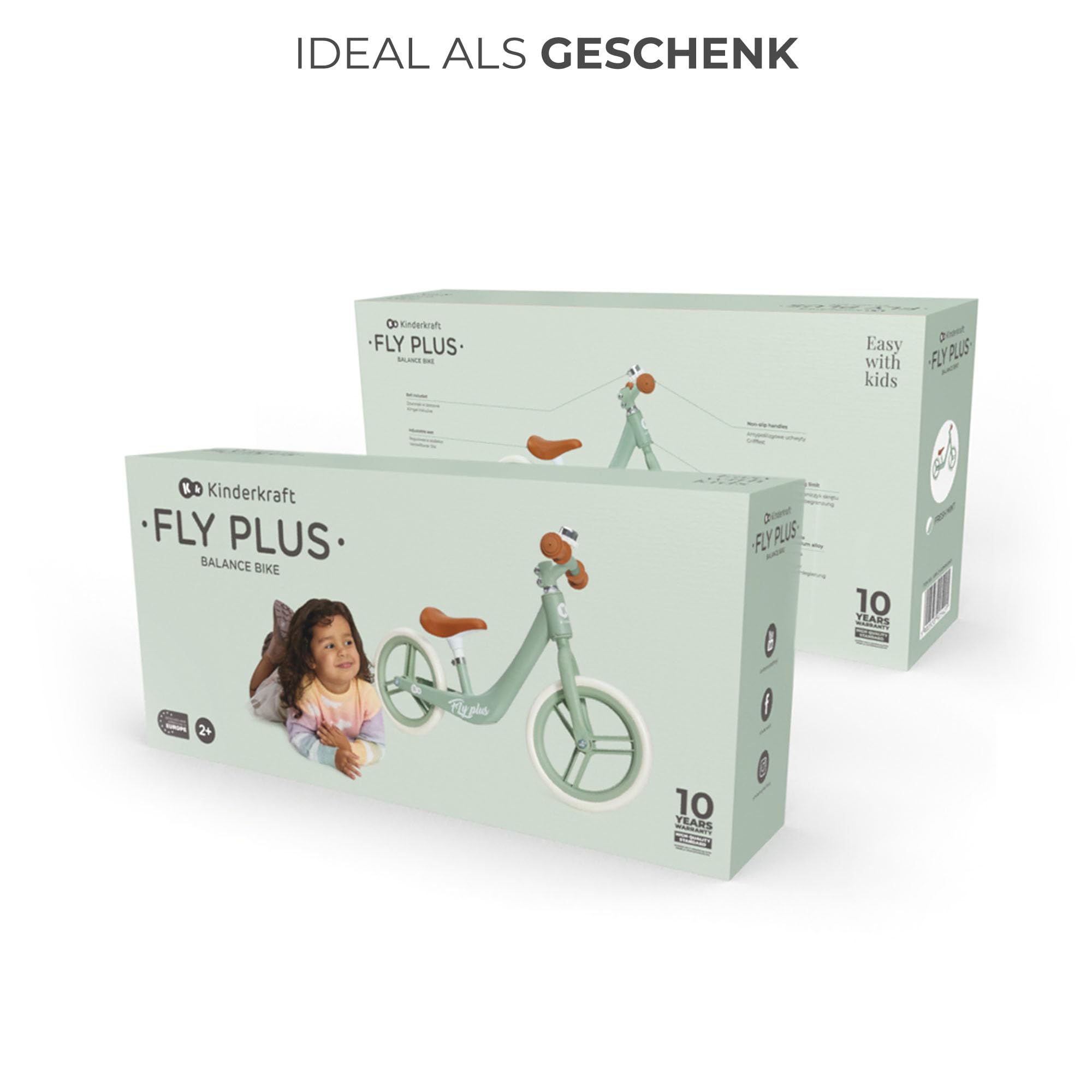 Kinderkraft Laufrad Fly Plus 2, Lernlaufrad, Kinderlaufrad, Fahrrad mit Zubehör, Klingel, höhenverstellbar Sattel, 12 Zoll Räder, Magnesiumrahme, ab 2 Jahre, Retro Design, Grün