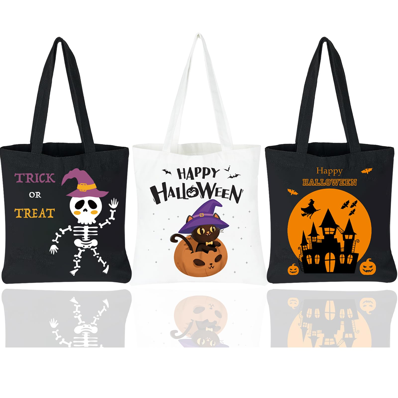 3 Pack Large Halloween Bags, Canvas Trick or Treat Bags, Gift Bags Halloween for Kids, Halloween Bags with Handles, Trick Bags Halloween Kids Party Favor Supplies, Canvas Halloween Tote Bags