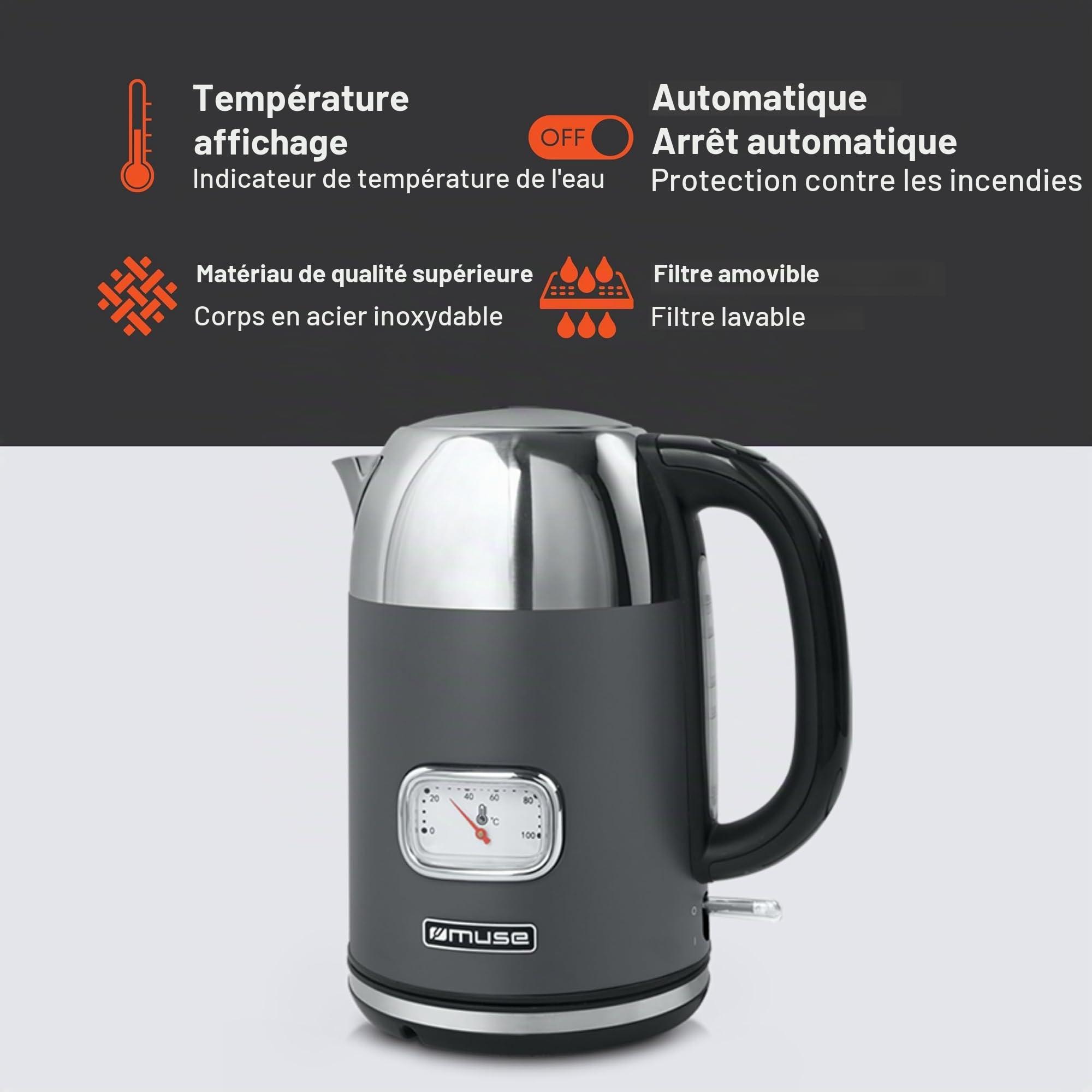 Bouilloire Sans Fil 1.7l 2200w Gris/inox - MS-020DG
