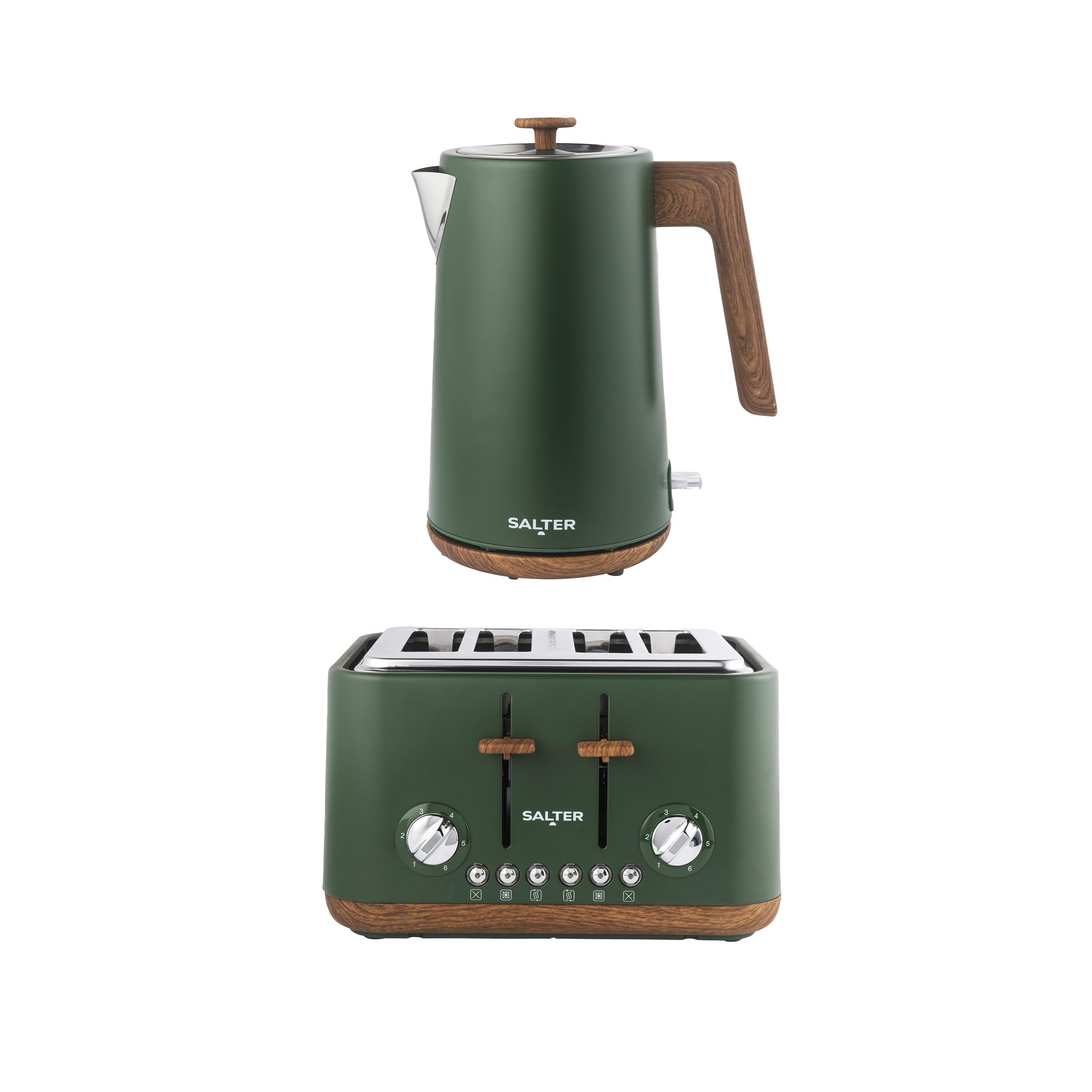 Salter Toronto Green Toaster & Kettle Set – 4-Slice 1630W Toaster with 6 Browning Levels & Wide Slots, 1.7L 3000W Rapid Boil Kettle with Limescale Filter, Auto Shut-Off & Wooden Accents — image 1