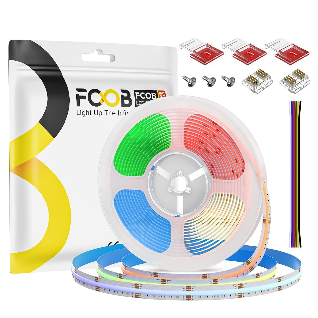 FCOB COB RGBCCT Striscia LED RGB+Bianco regolabile 3000K-6000K 5M 840LEDs/m | DC24V IP30 CRI90+ Flessibile Alta densità Cambio di colore sintonizzabile dimmerabile per DIY(non alimentazione Controllore)