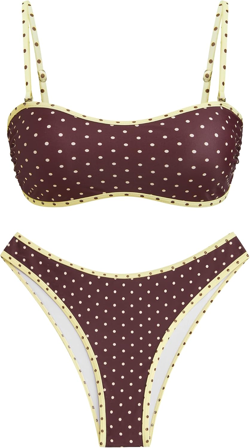 ZAFUL Bandeau Bikini Sets for Women Floral Two Piece Swimsuit Strapless Mid Waisted Bathing Suits wirh Removable Straps