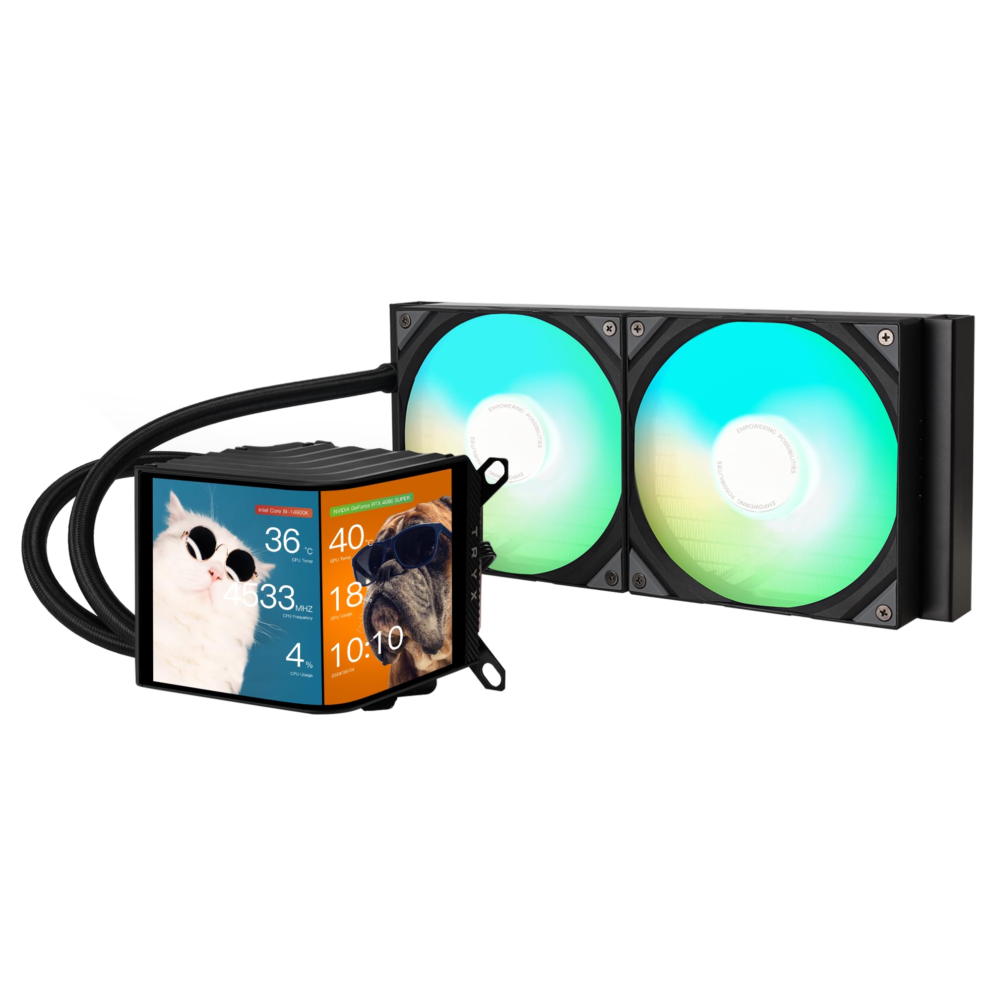 TRYX Panorama 280 ARGB 280mm AIO 6.67'' AMOLED L-Shaped Screen 3D Anamorphic Effect Display Customizable AIO Cooler 280mm Asetek 8th Gen 300w TDP with ARGB Fan for Intel LGA 1700/1200/115X AMD AM5/AM4