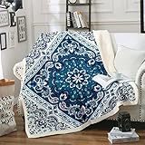 Vintage Sherpa Decke Persische Decke, Marineblaue Oriental Medaillon Wurf Decke für Stuhl 100x130cm Himalaya Bohemian Vlies Decke, Boho Türkische Plüsch Decke Leicht Weich