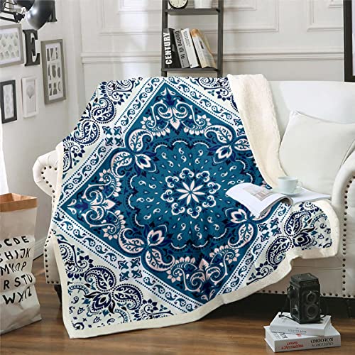 Vintage Sherpa Decke Persische Decke, Marineblaue Oriental Medaillon Wurf Decke für Stuhl 100x130cm Himalaya Bohemian Vlies Decke, Boho Türkische Plüsch Decke Leicht Weich