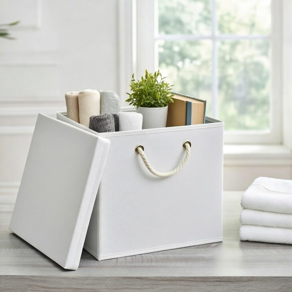 Stick&Shine 4er Set Weiß Faltbox 30 x 30 x 30 cm Aufbewahrungsbox faltbar mit Kordel und mit Deckel