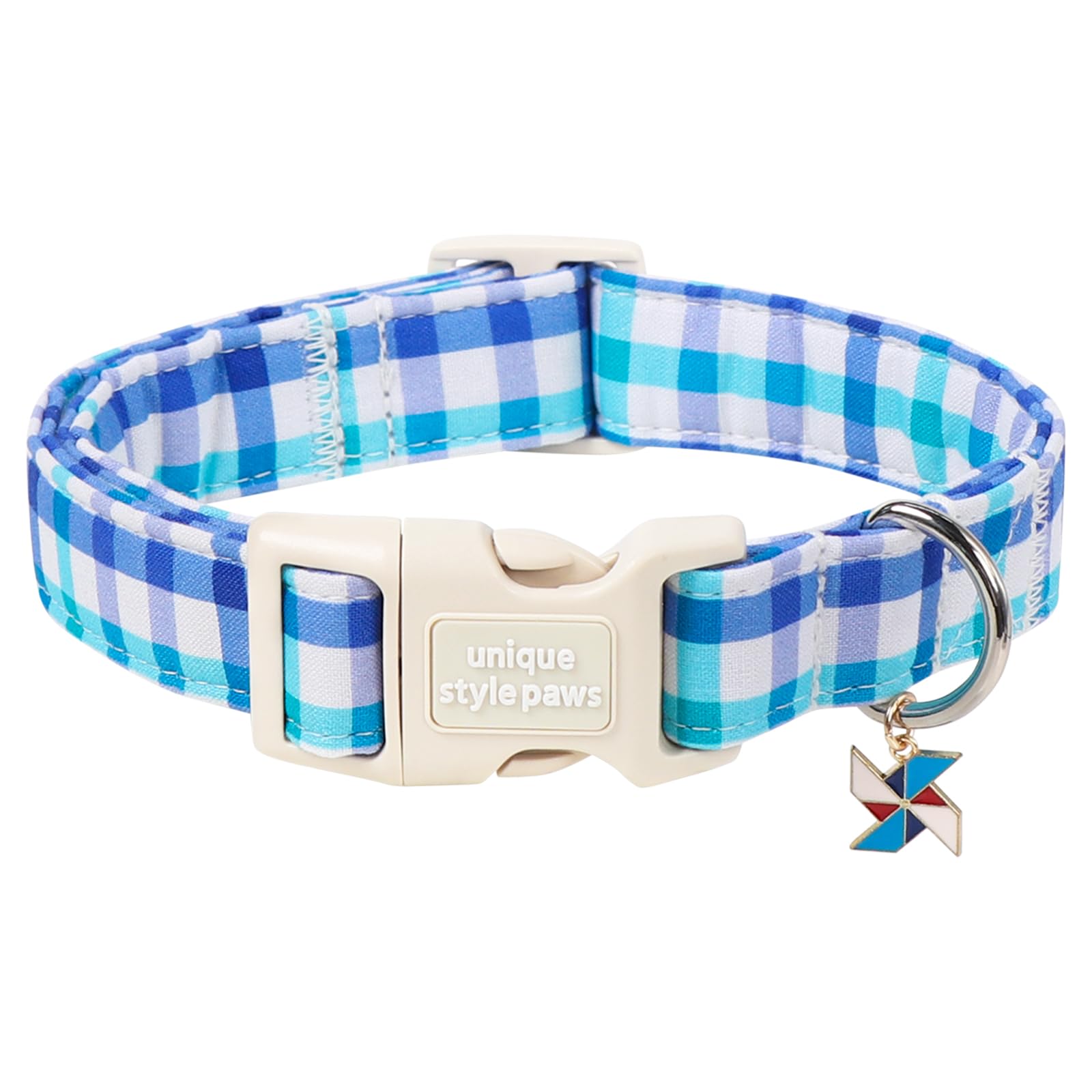 Unique style paws Blue Check Dog Collar, Spring Summer Adjustable Cotton Dog Collar with Pinwheel Charm, Quick Release Buckle, Strong Metal D Ring, Blue Plaid Dog Collar for Small Medium Large Dogs