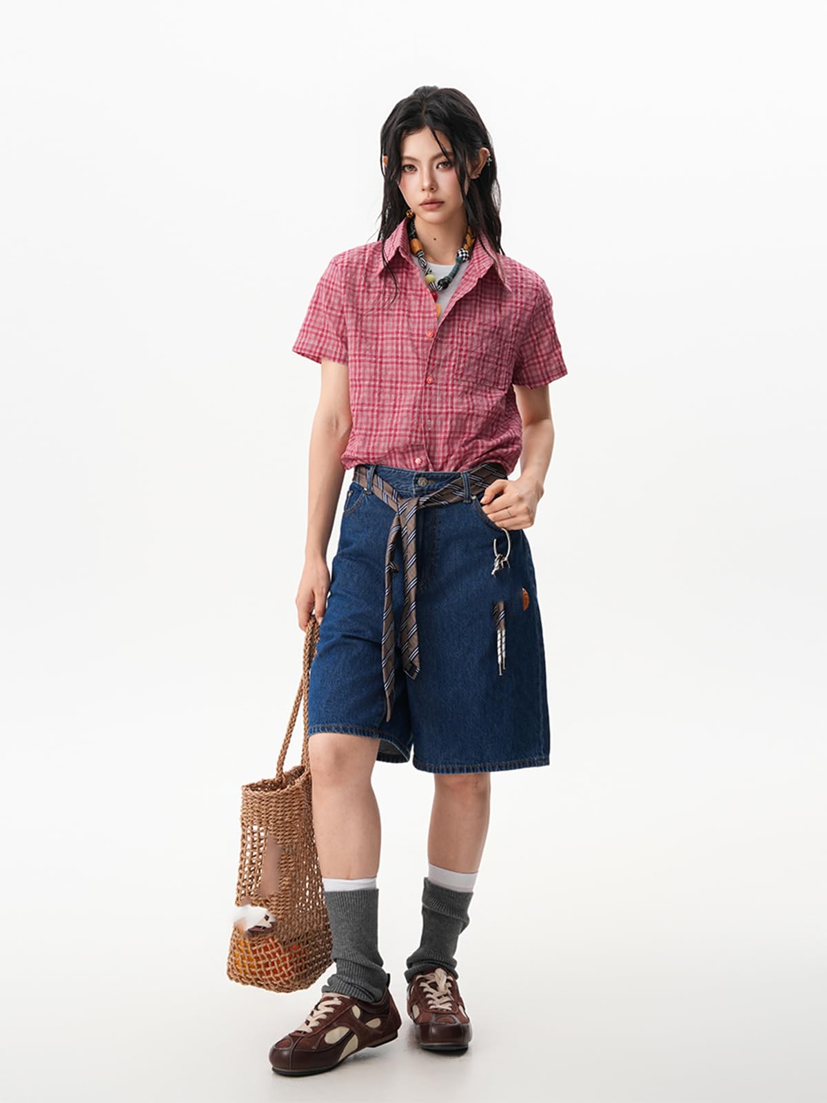 Chemise Femme à Carreaux Vintage, Manches Courtes, Slim