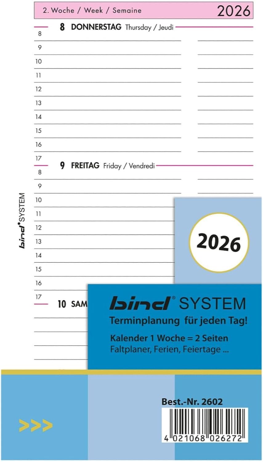 B260226 Calendar Insert for Manager Calendar A6, Timer Insert for Calendar Year 2026, 1 Week / 2 Pages, Appointment Calendar with System, Calendar for Bind System Planner and Standard Time